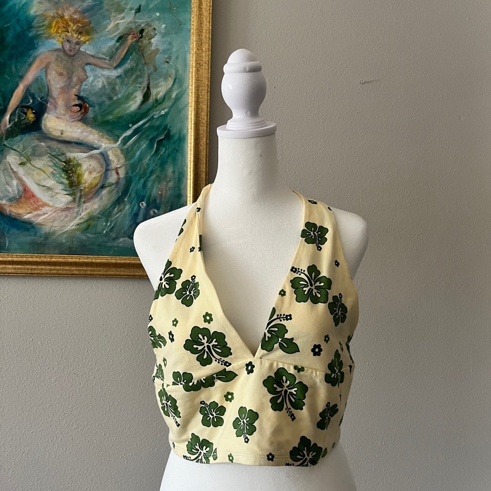 Garage Cream and Green Fitted Crop Tank Top